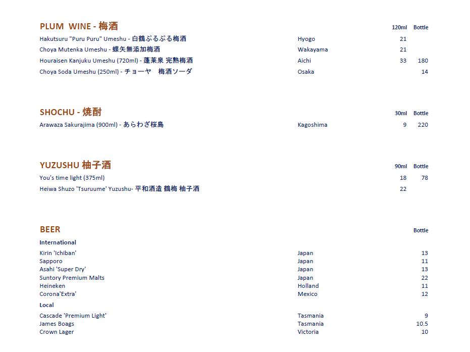Menu, Koko