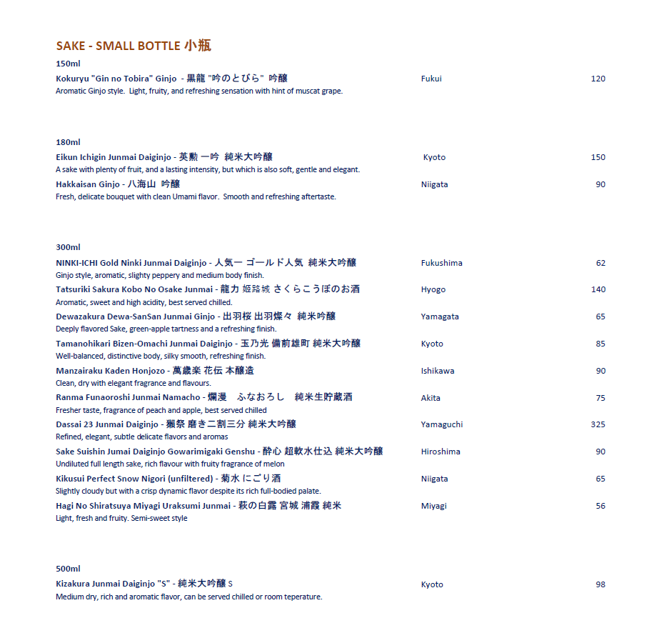 Menu, Koko