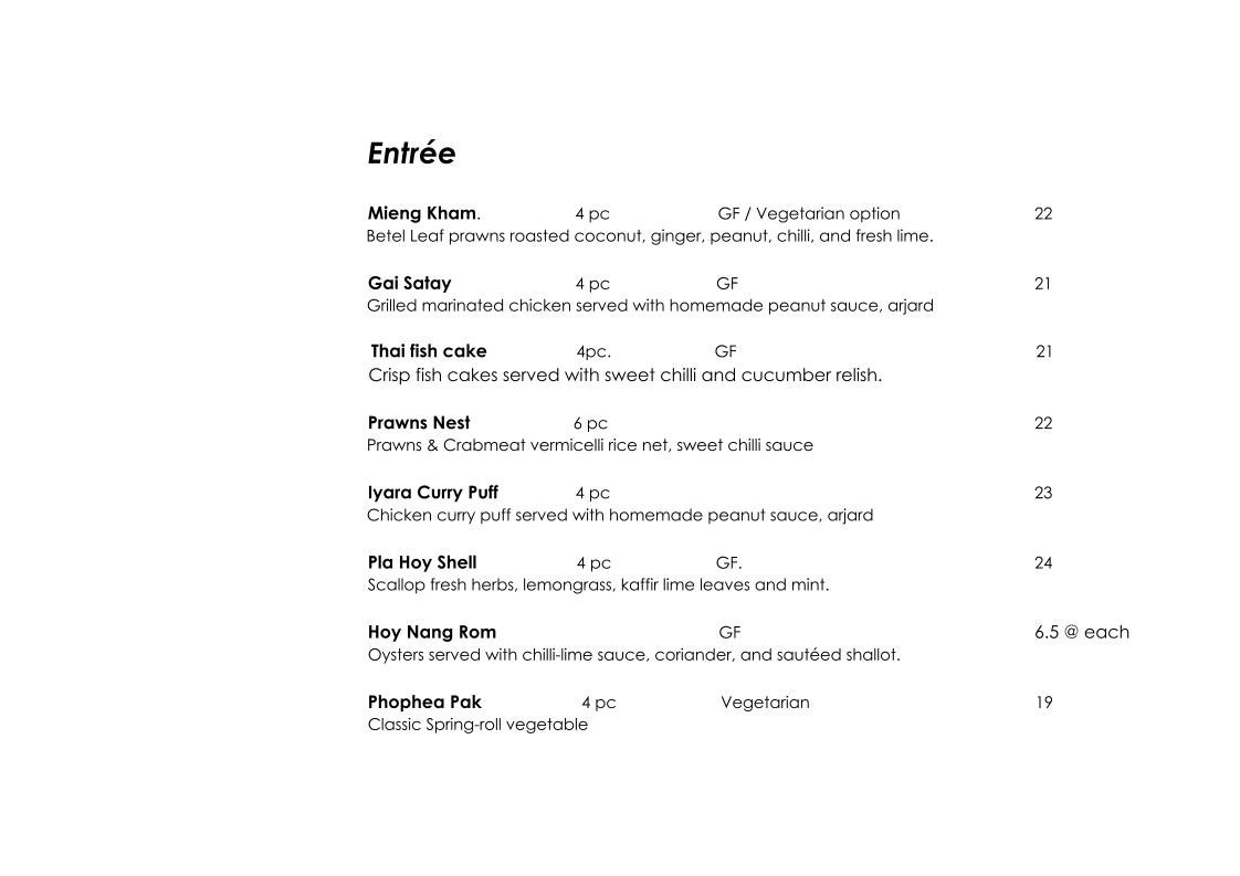 Menu, Iyara By Sakare Thai cuisine