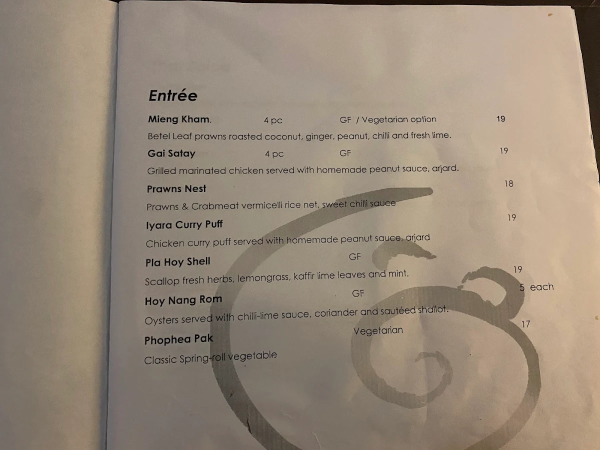 Menu, Iyara By Sakare Thai cuisine