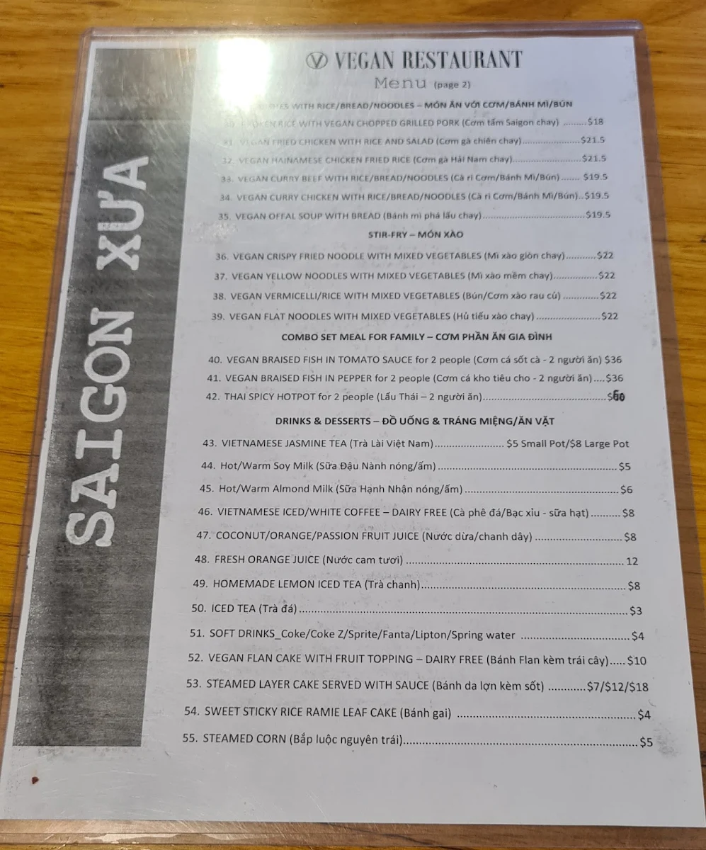 Menu, Saigon Xua