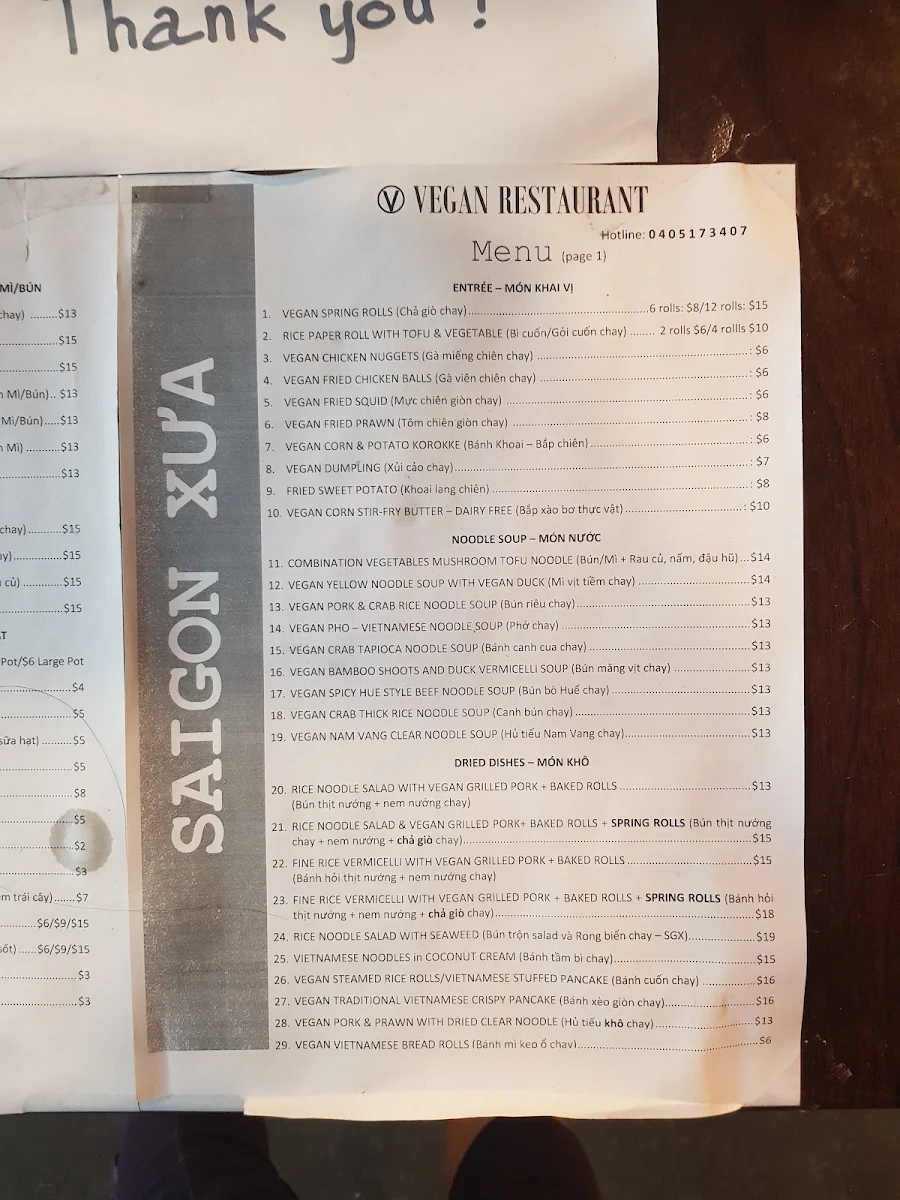 Menu, Saigon Xua