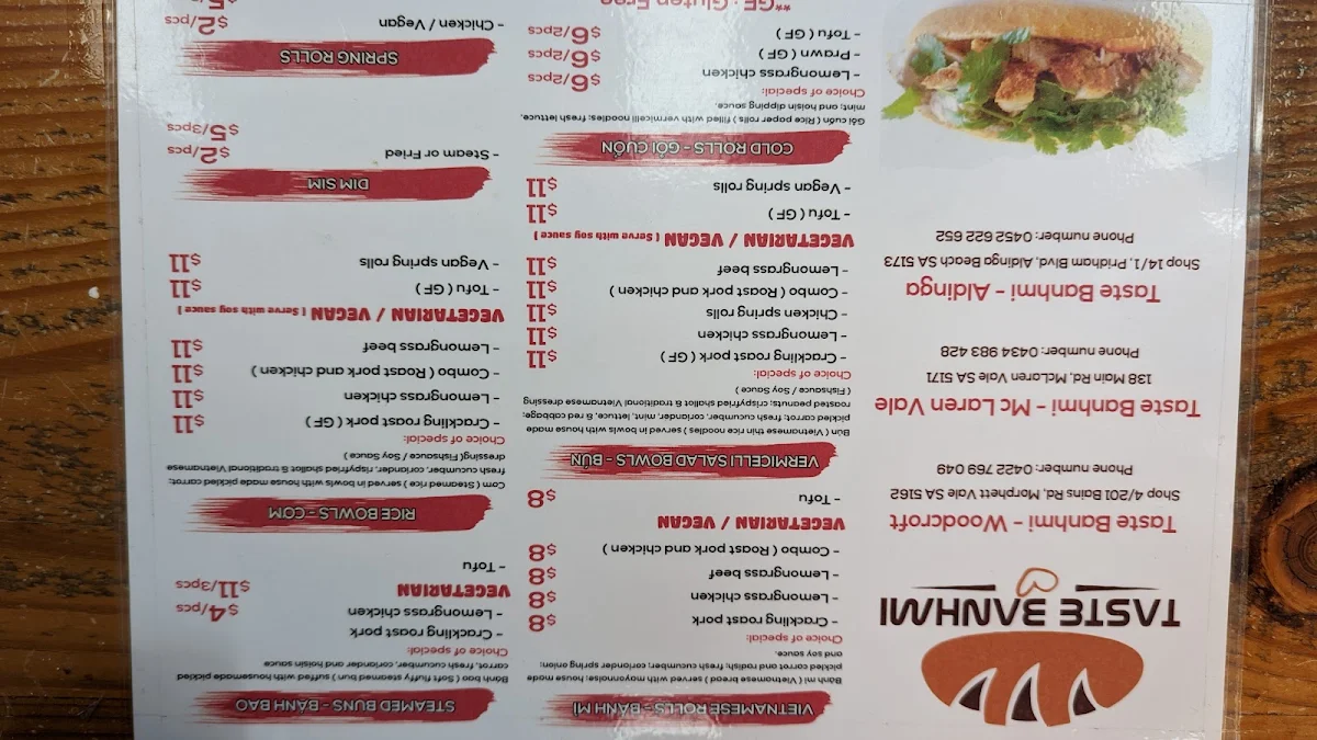 Menu, Taste Banh Mi - Aldinga