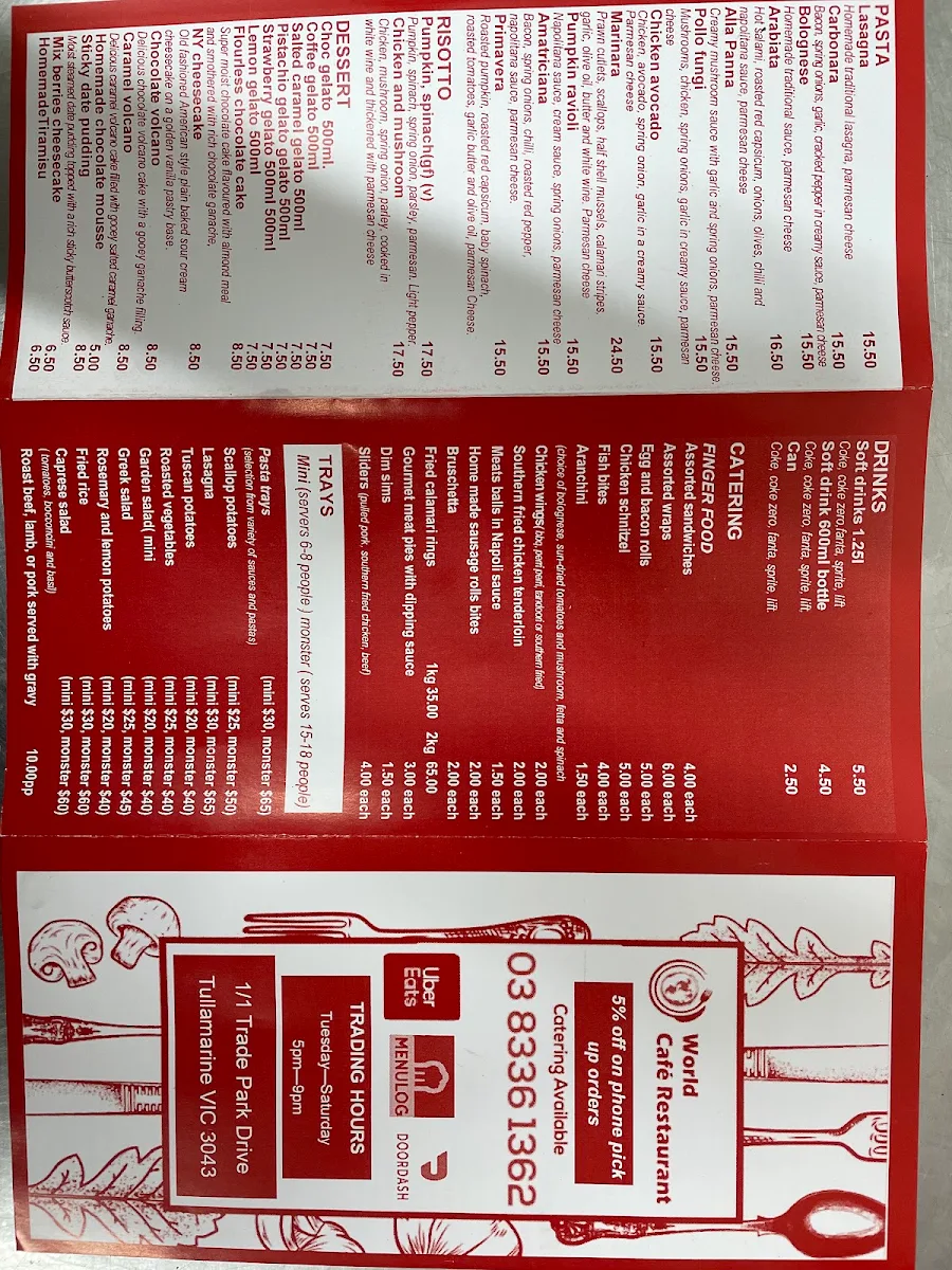 Menu, World cafe restaurant