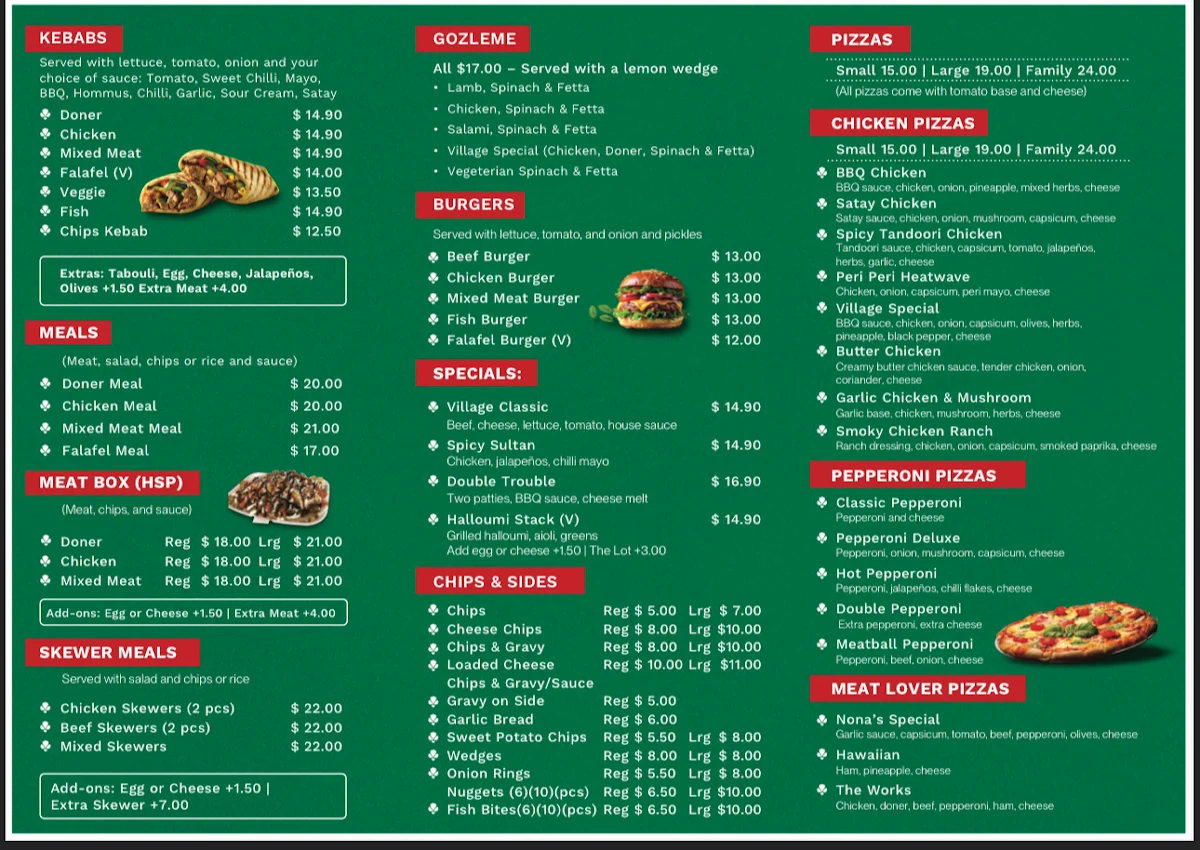 Menu, Village Green Kebab & Pizza