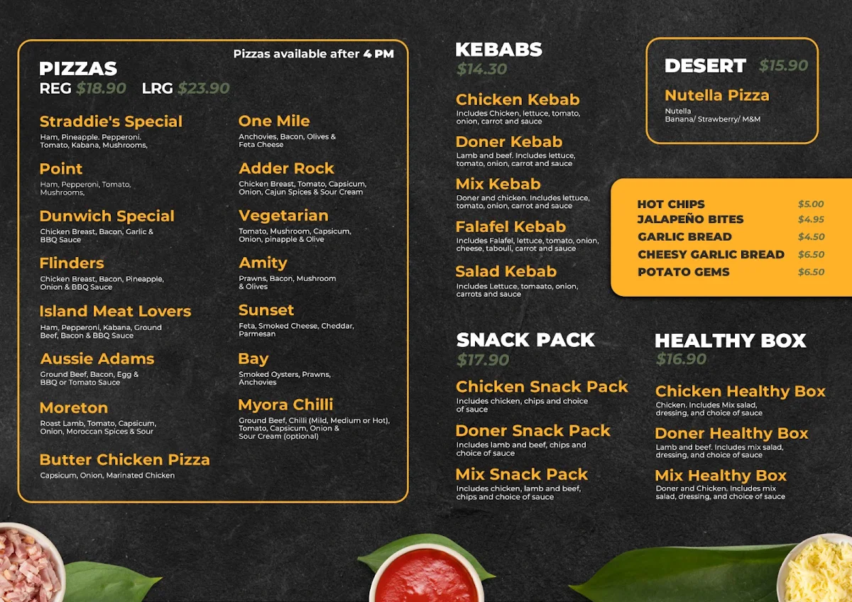 Menu, Straddie Kebab and Pizza