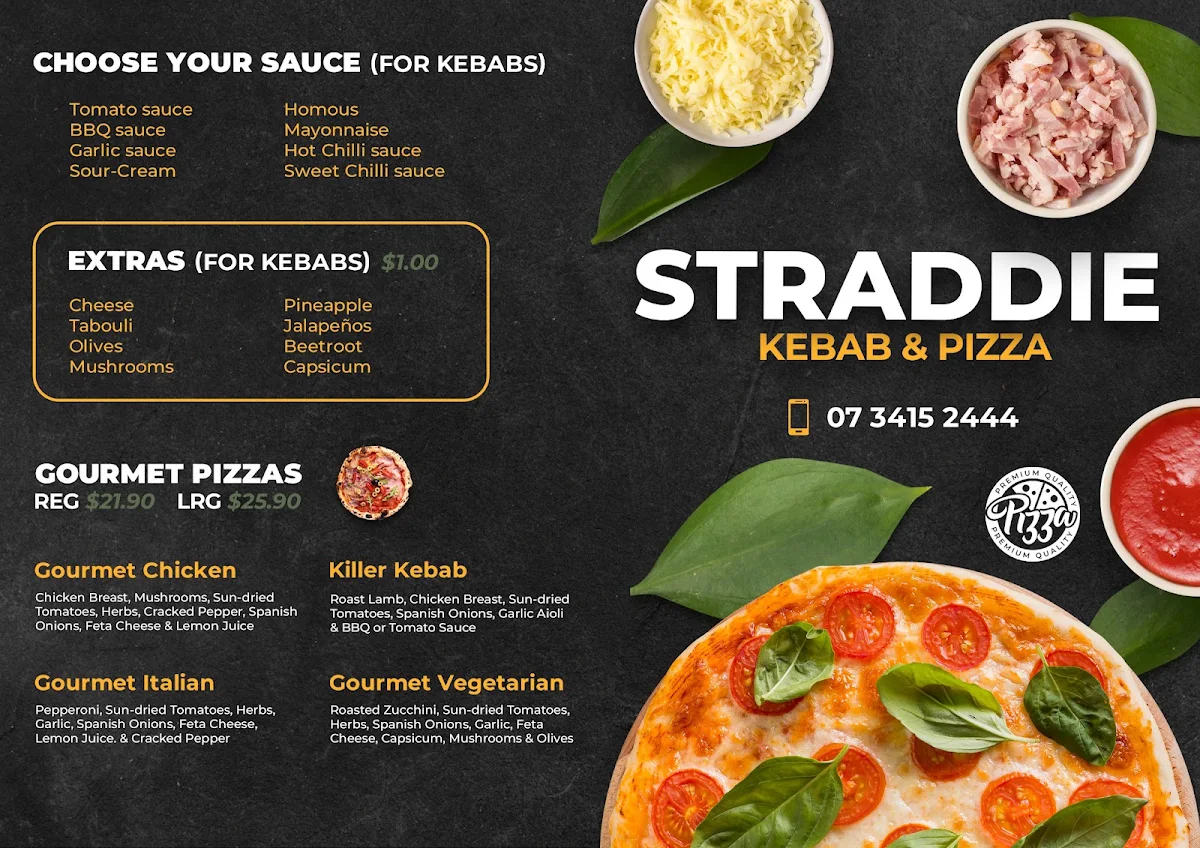 Menu, Straddie Kebab and Pizza