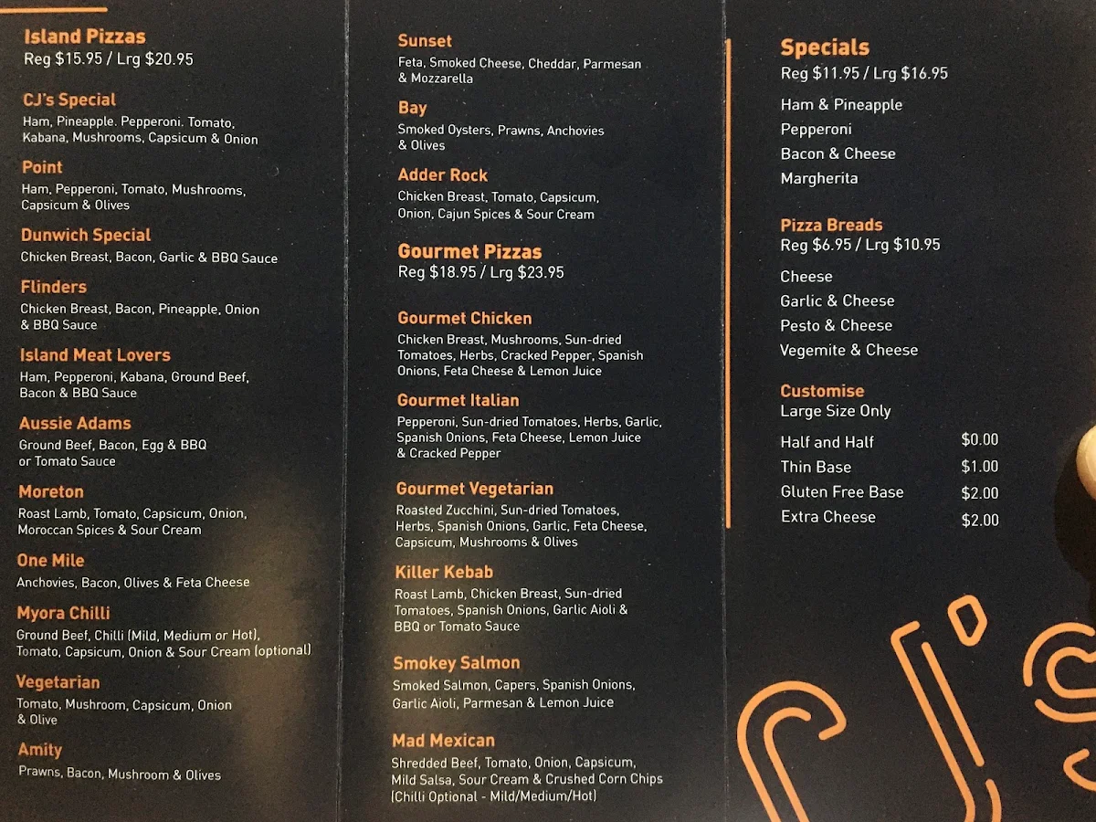 Menu, Straddie Kebab and Pizza