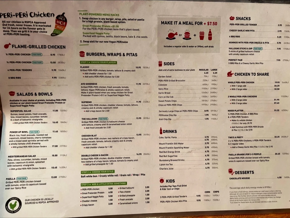 Menu, Nando's Werribee
