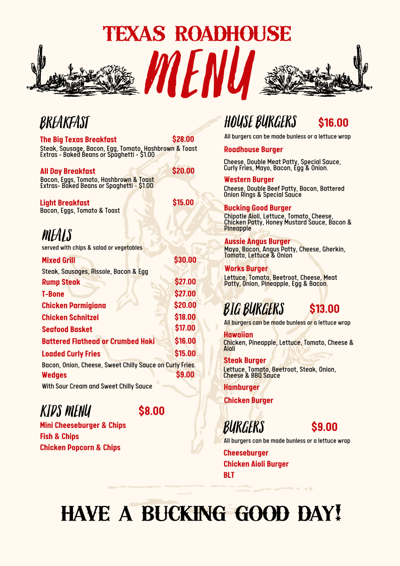 Menu, Texas Roadhouse Qld