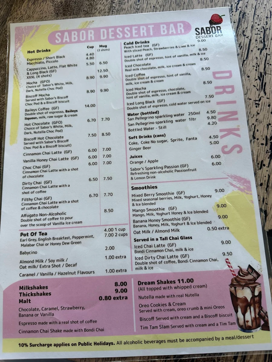 Menu, Sabor Dessert Bar