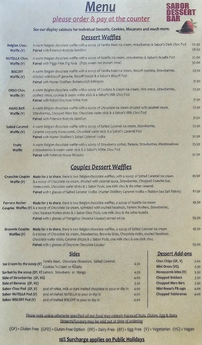 Menu, Sabor Dessert Bar