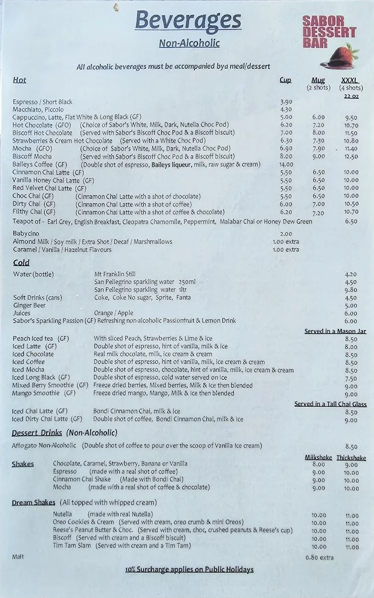 Menu, Sabor Dessert Bar
