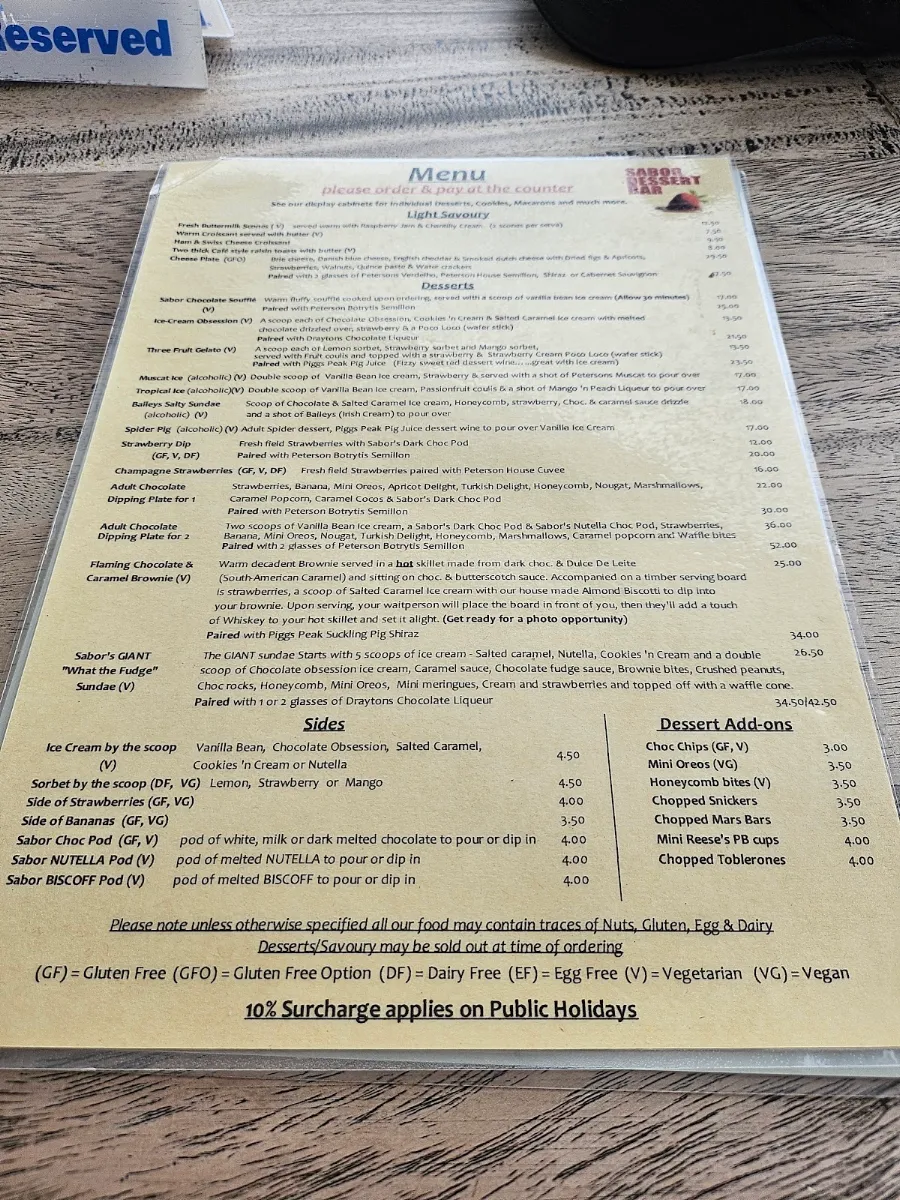 Menu, Sabor Dessert Bar