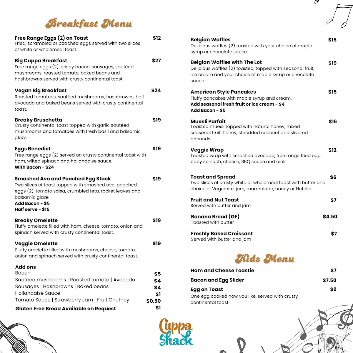 Menu, Cuppashack Coffee Lounge
