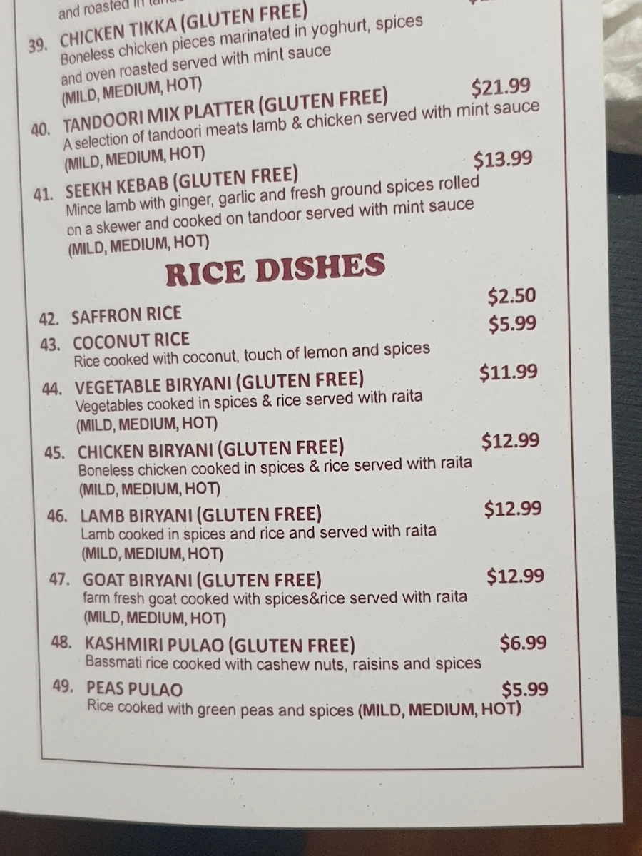 Menu, Muskaan K Indian Gourmet