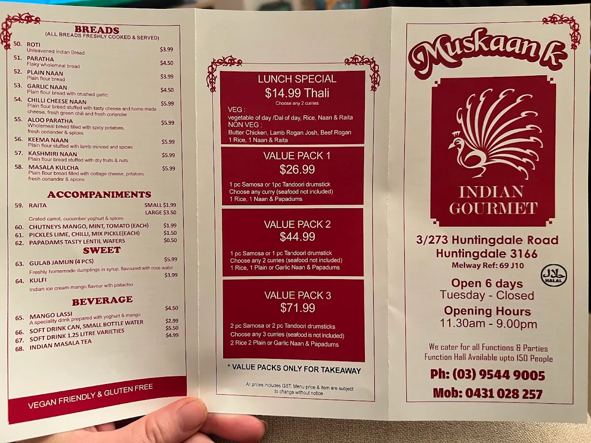 Menu, Muskaan K Indian Gourmet
