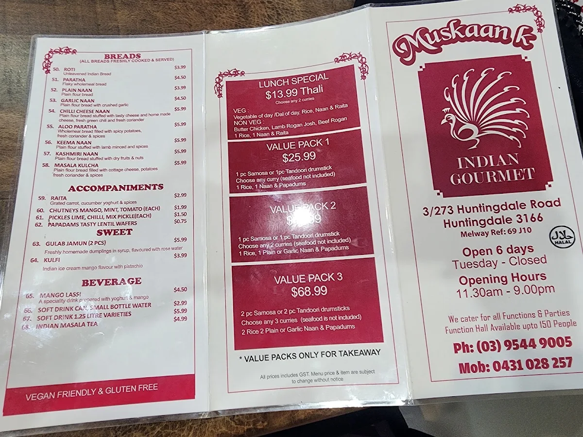 Menu, Muskaan K Indian Gourmet