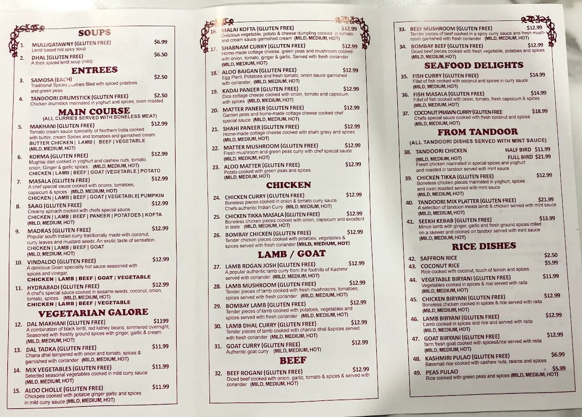 Menu, Muskaan K Indian Gourmet