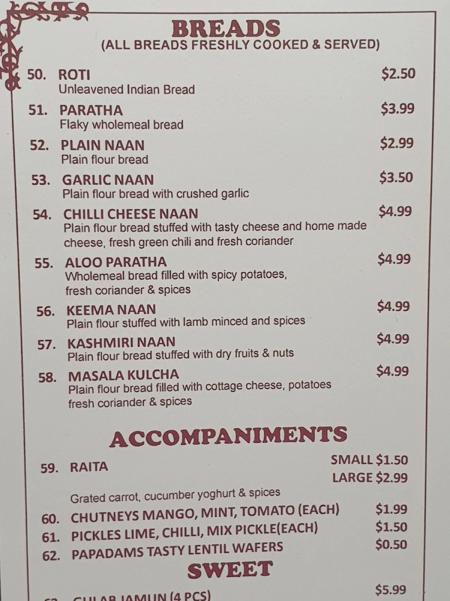 Menu, Muskaan K Indian Gourmet