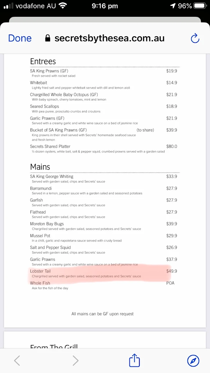 Menu, Secrets by the Sea