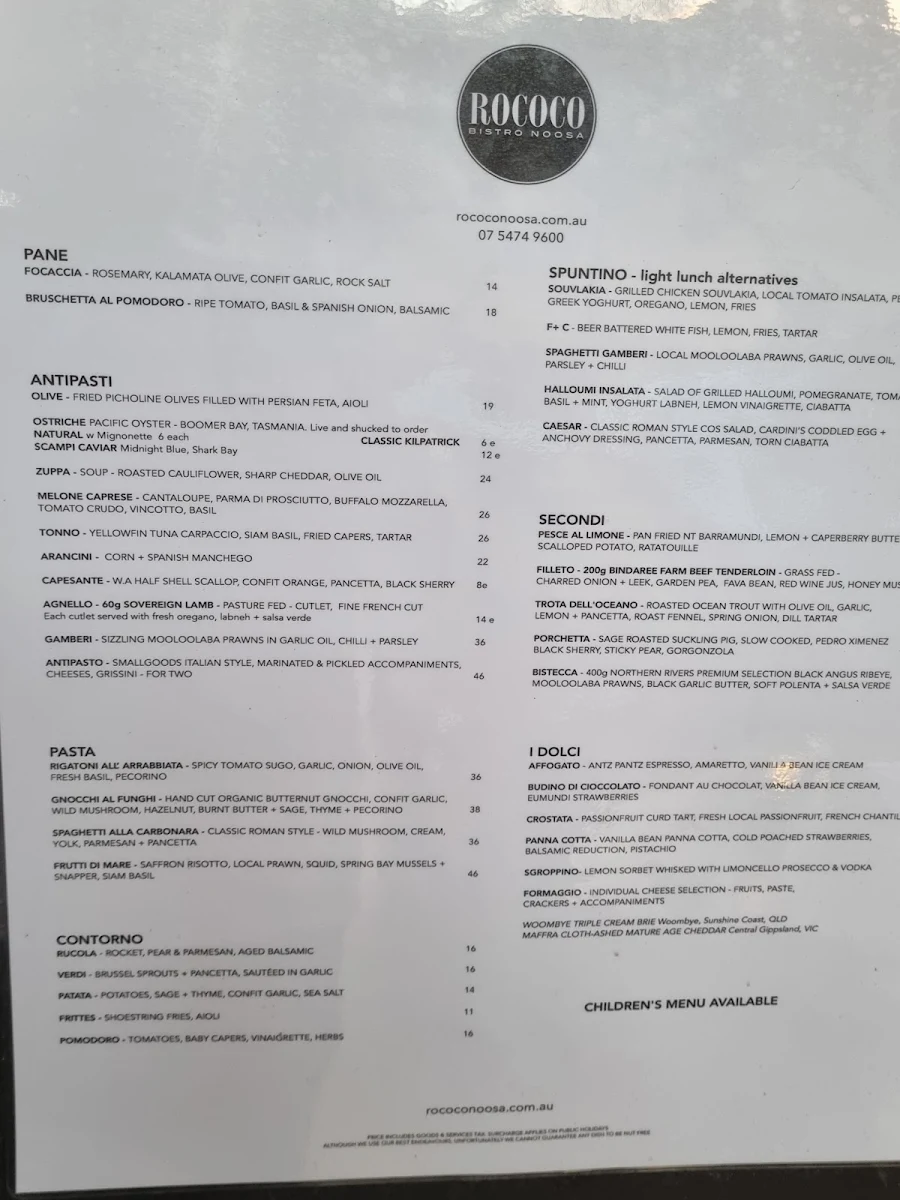 Menu, Rococo Bistro & Bar Noosa