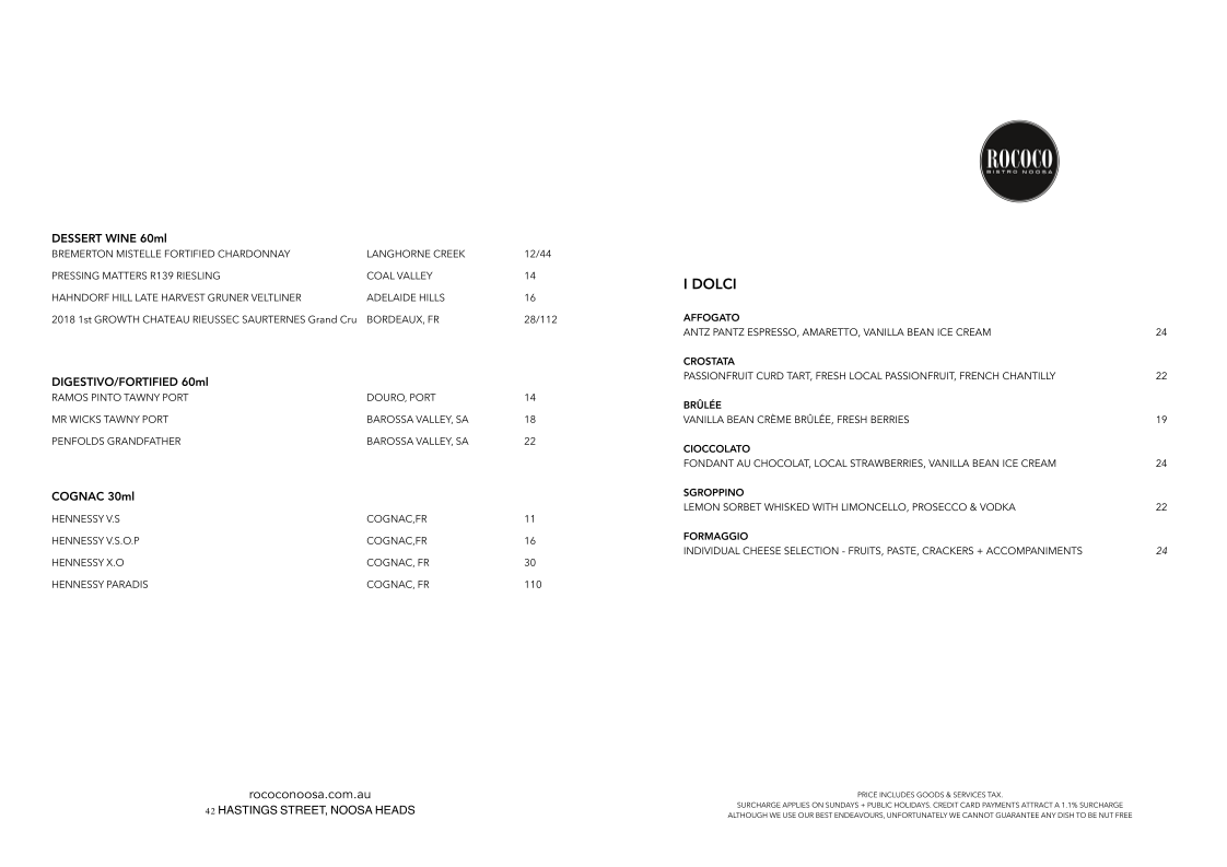 Menu, Rococo Bistro & Bar Noosa