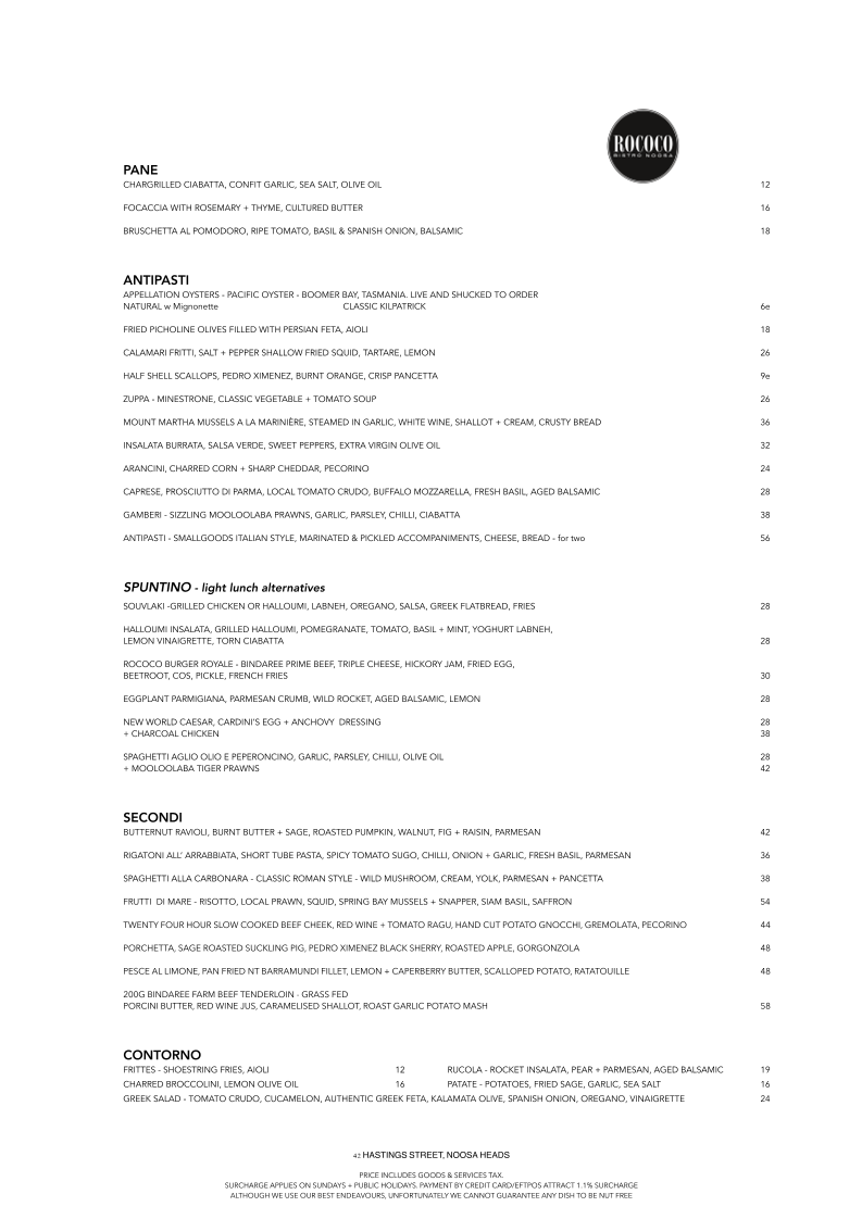 Menu, Rococo Bistro & Bar Noosa