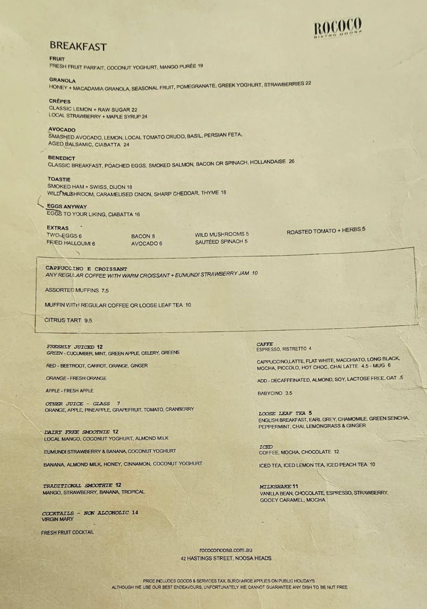 Menu, Rococo Bistro & Bar Noosa