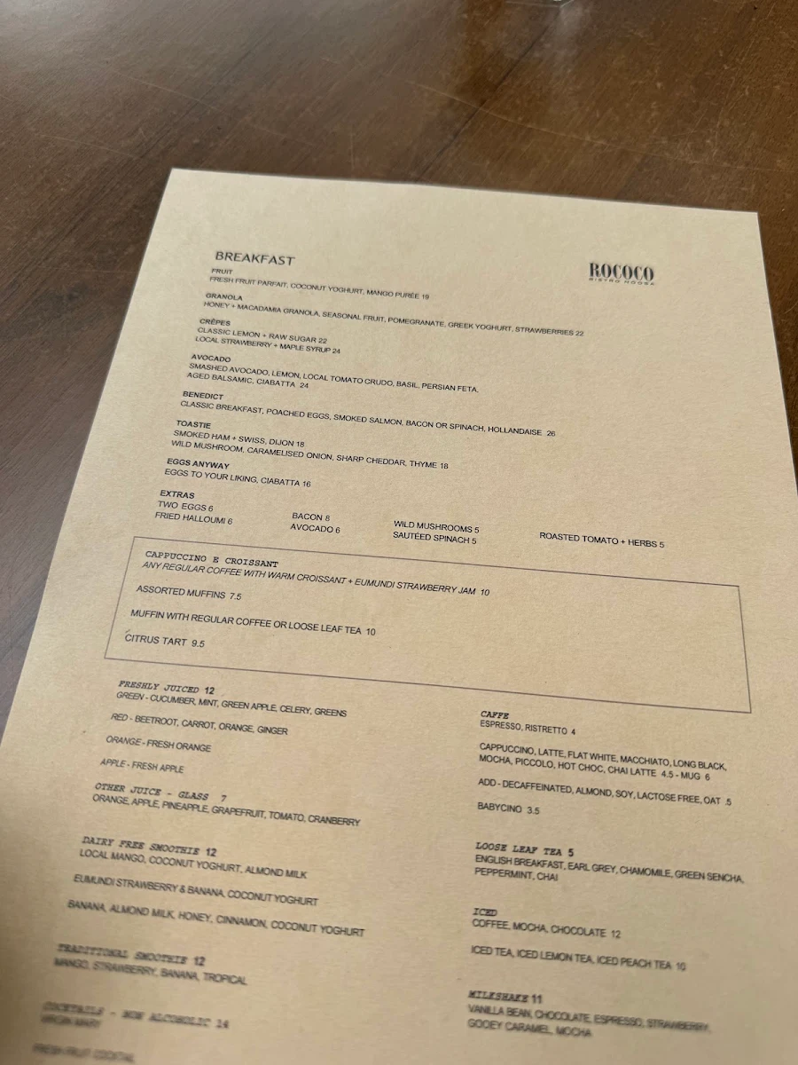 Menu, Rococo Bistro & Bar Noosa