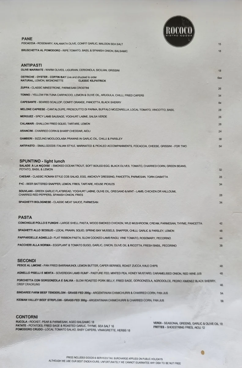 Menu, Rococo Bistro & Bar Noosa