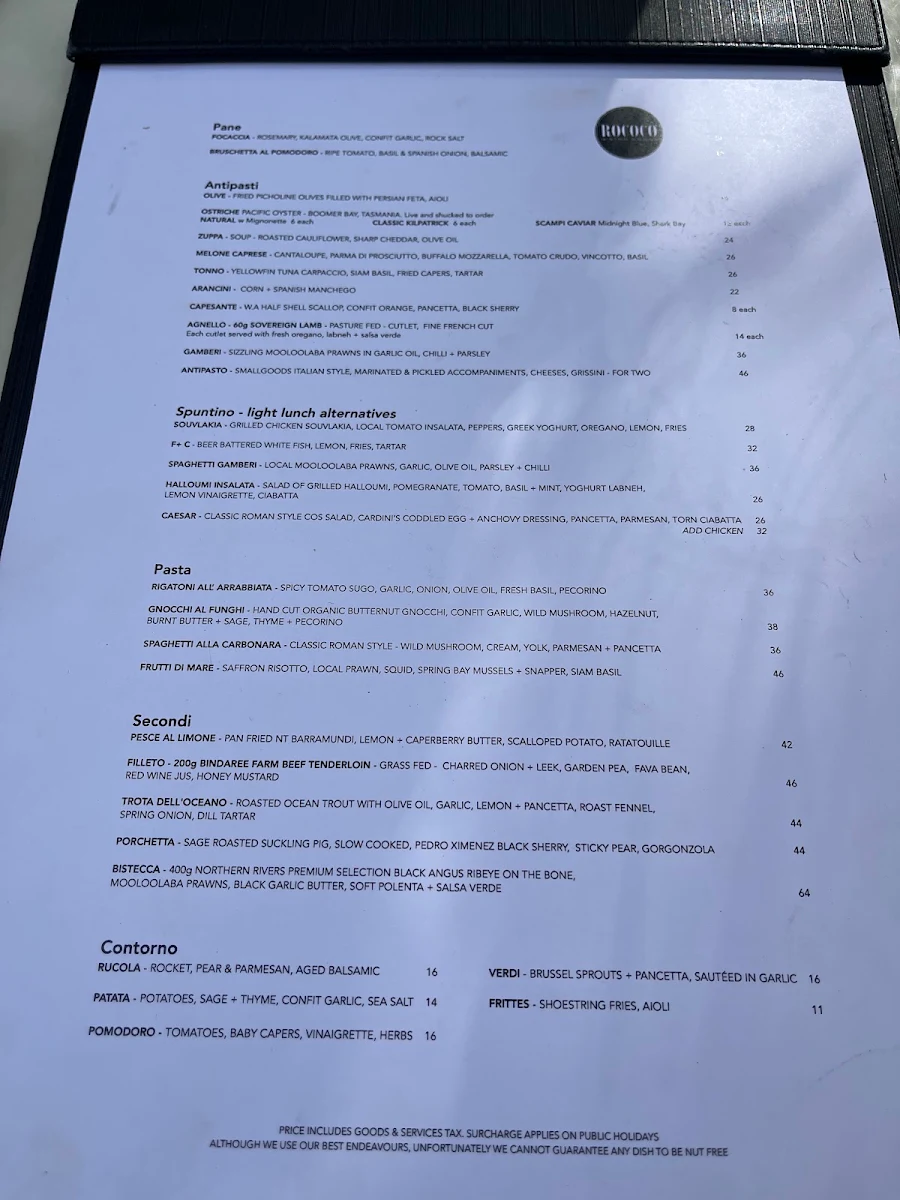Menu, Rococo Bistro & Bar Noosa