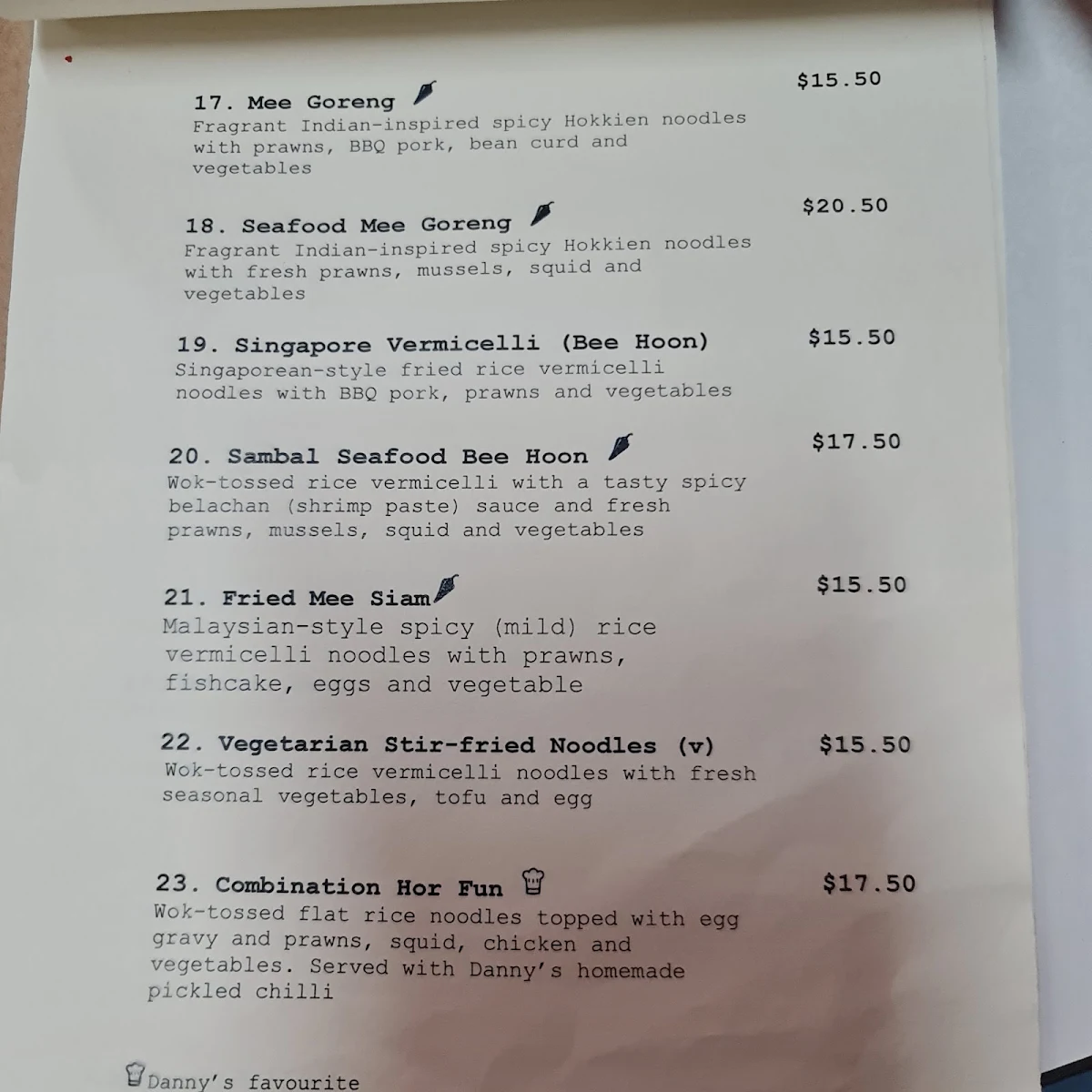 Menu, Danny's Kopitiam