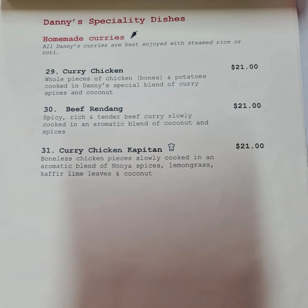 Menu, Danny's Kopitiam