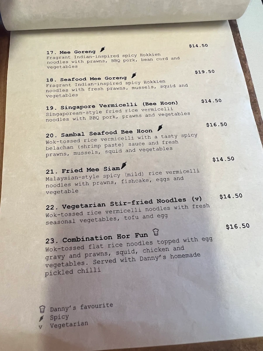 Menu, Danny's Kopitiam
