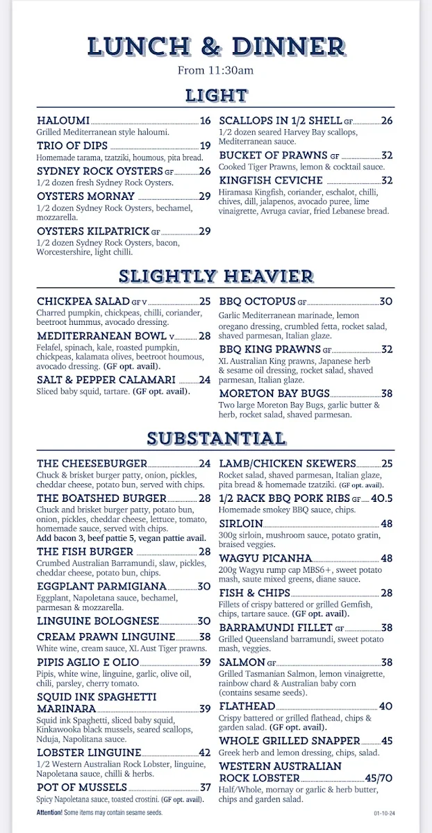 Menu, The Boatshed La Perouse