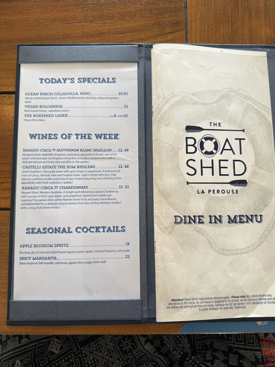 Menu, The Boatshed La Perouse