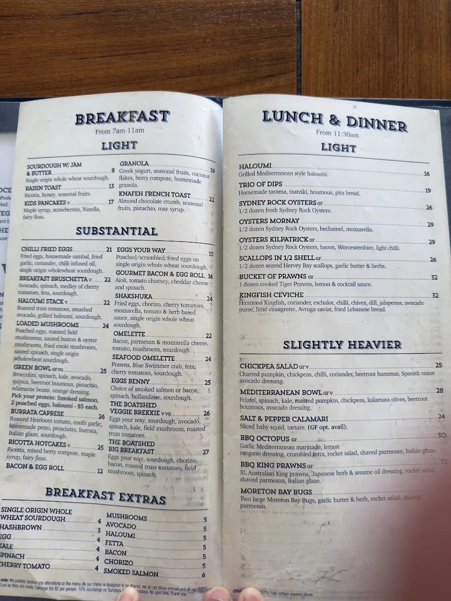 Menu, The Boatshed La Perouse