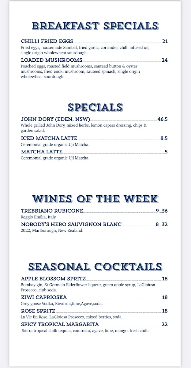 Menu, The Boatshed La Perouse