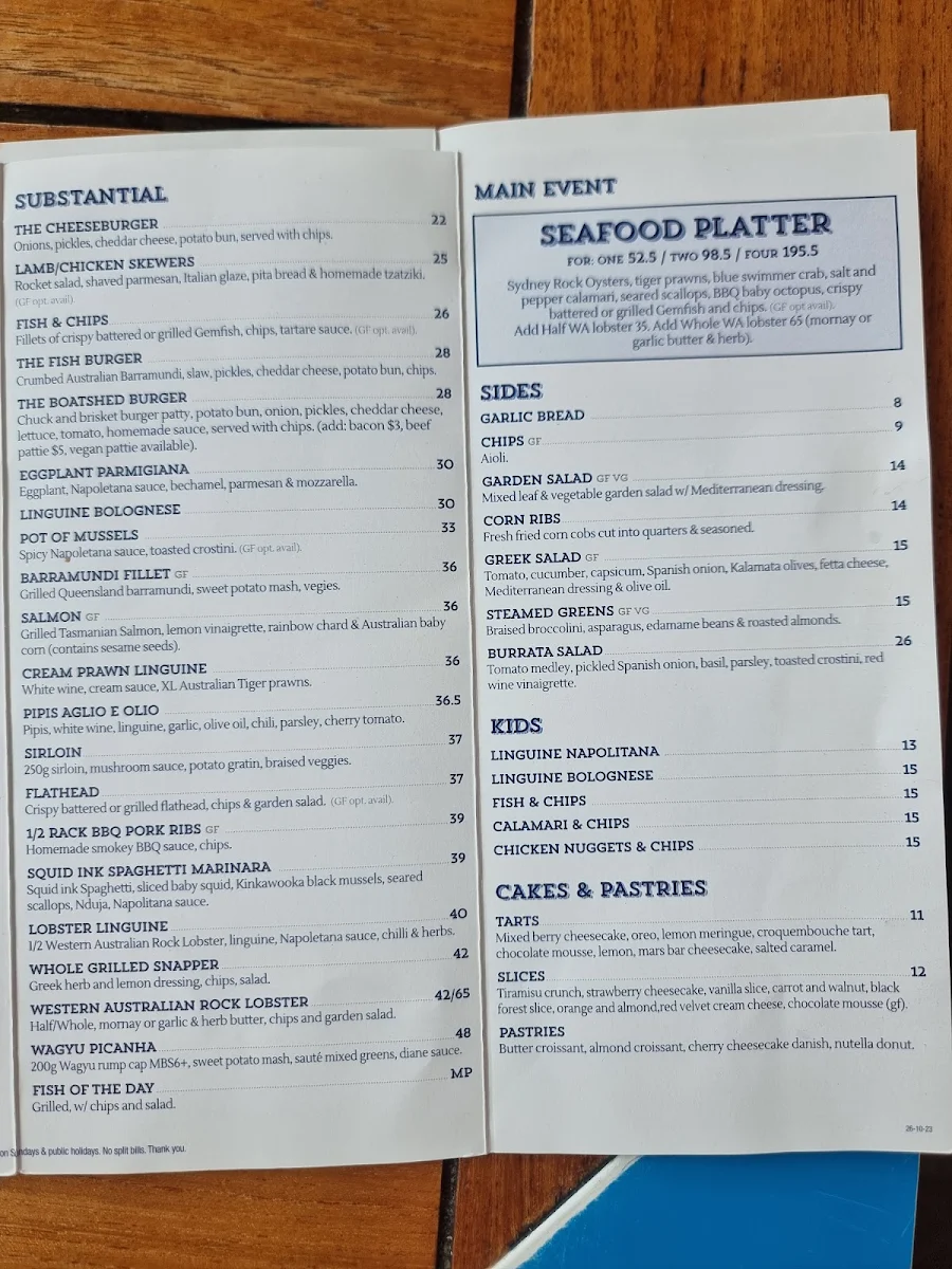 Menu, The Boatshed La Perouse