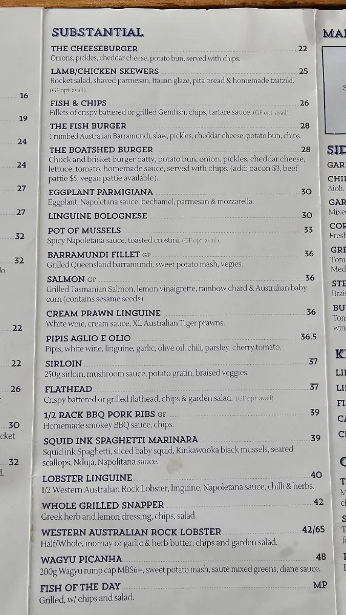Menu, The Boatshed La Perouse