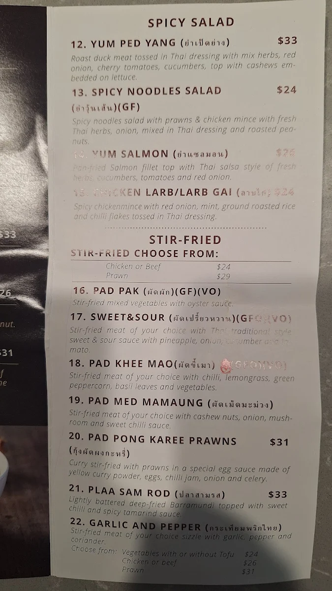Menu, Chanya Thai