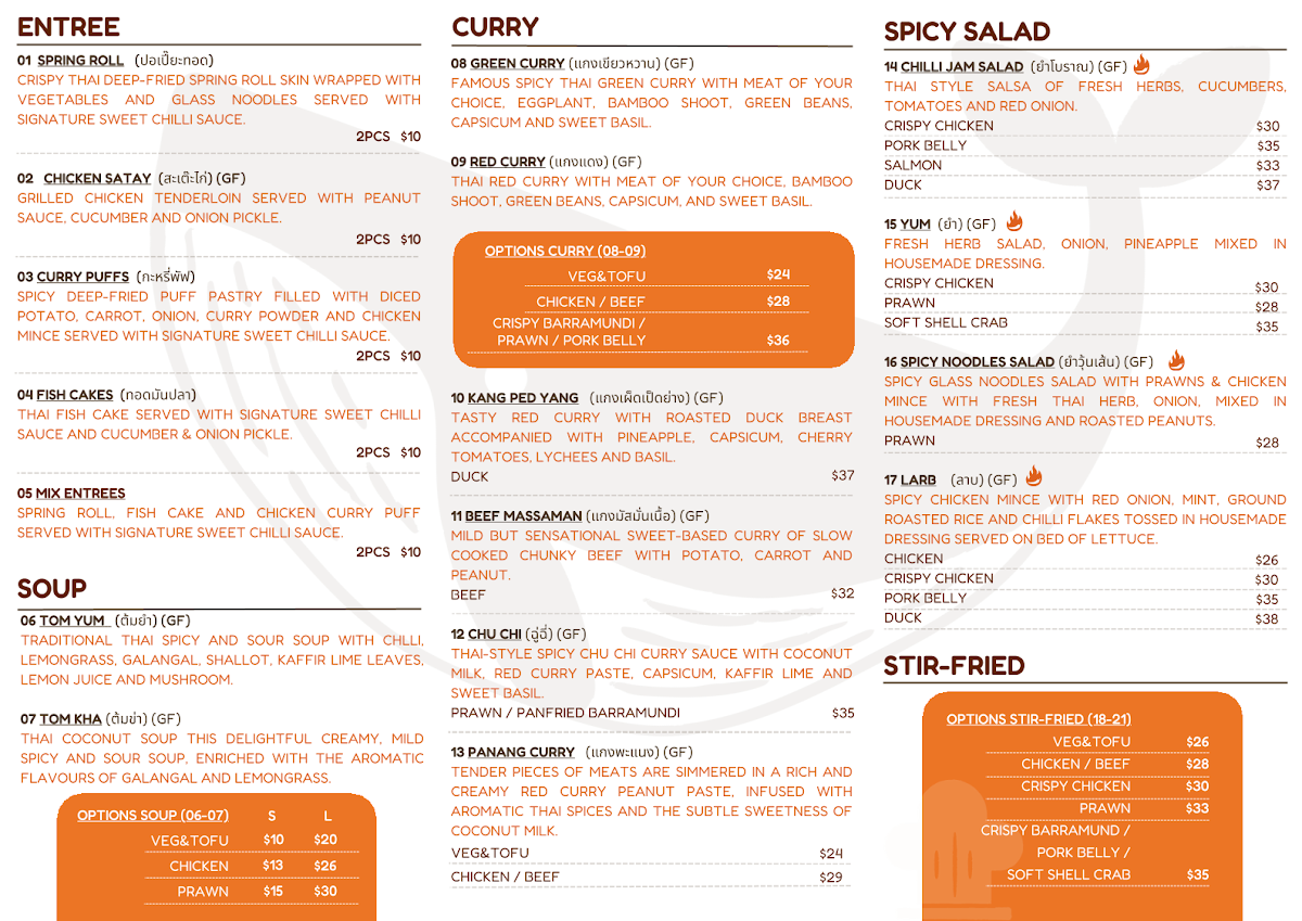 Menu, Chanya Thai