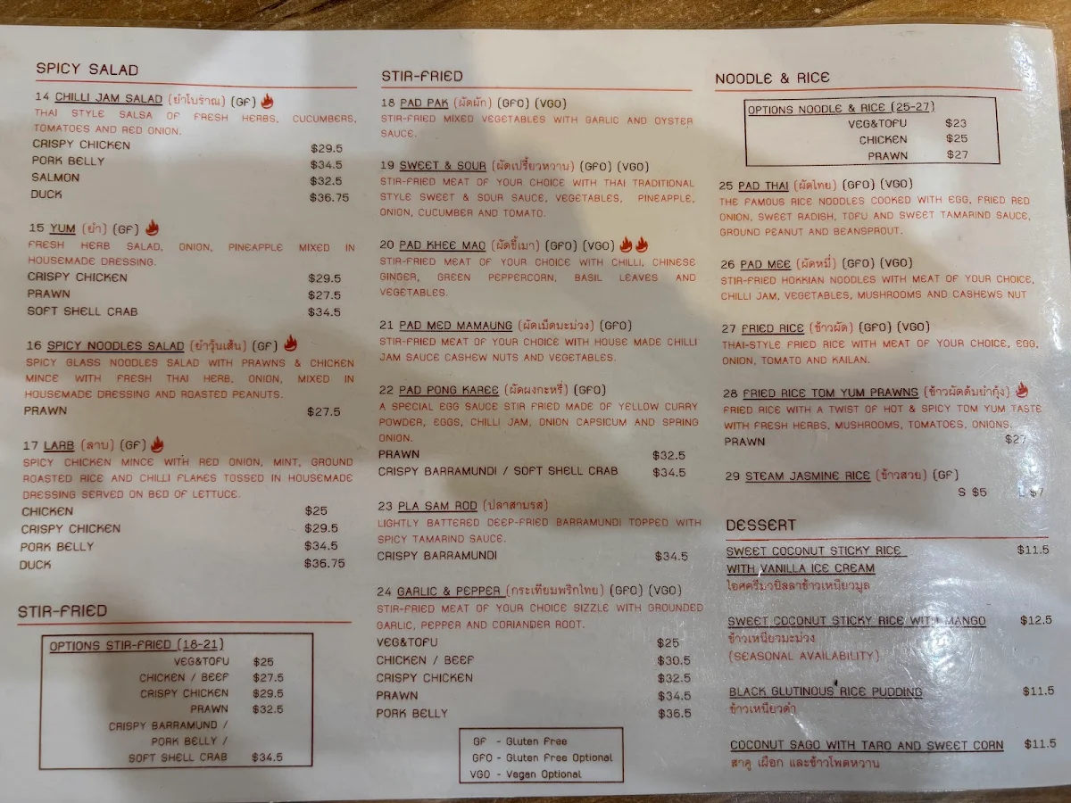 Menu, Chanya Thai