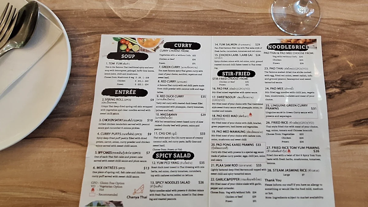 Menu, Chanya Thai