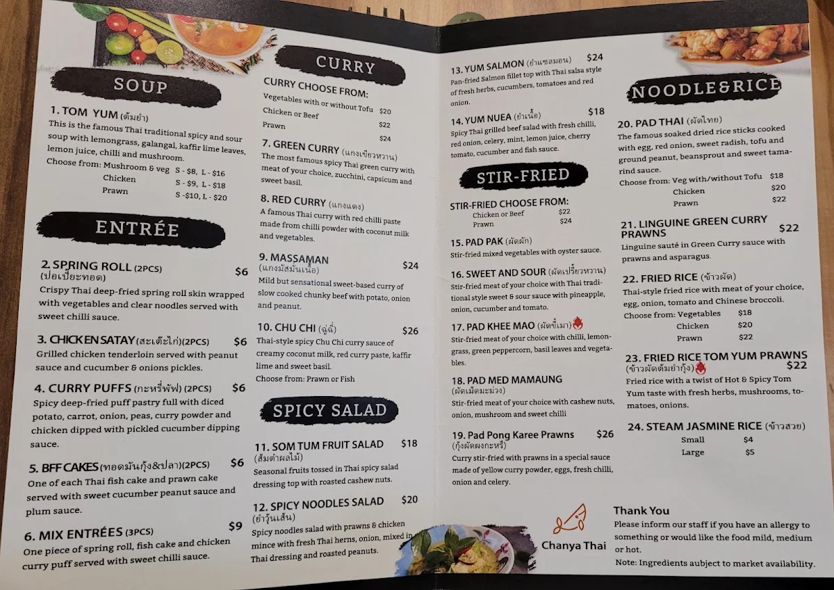 Menu, Chanya Thai