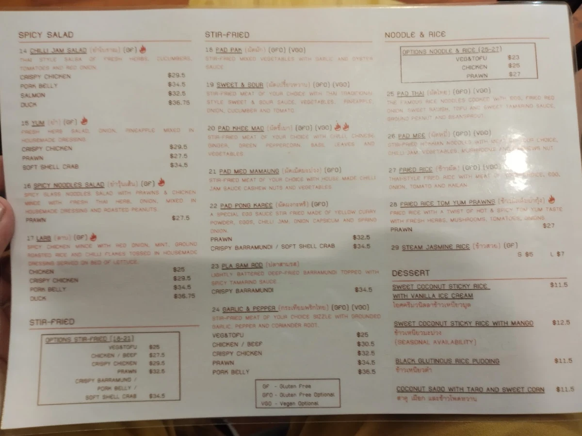Menu, Chanya Thai