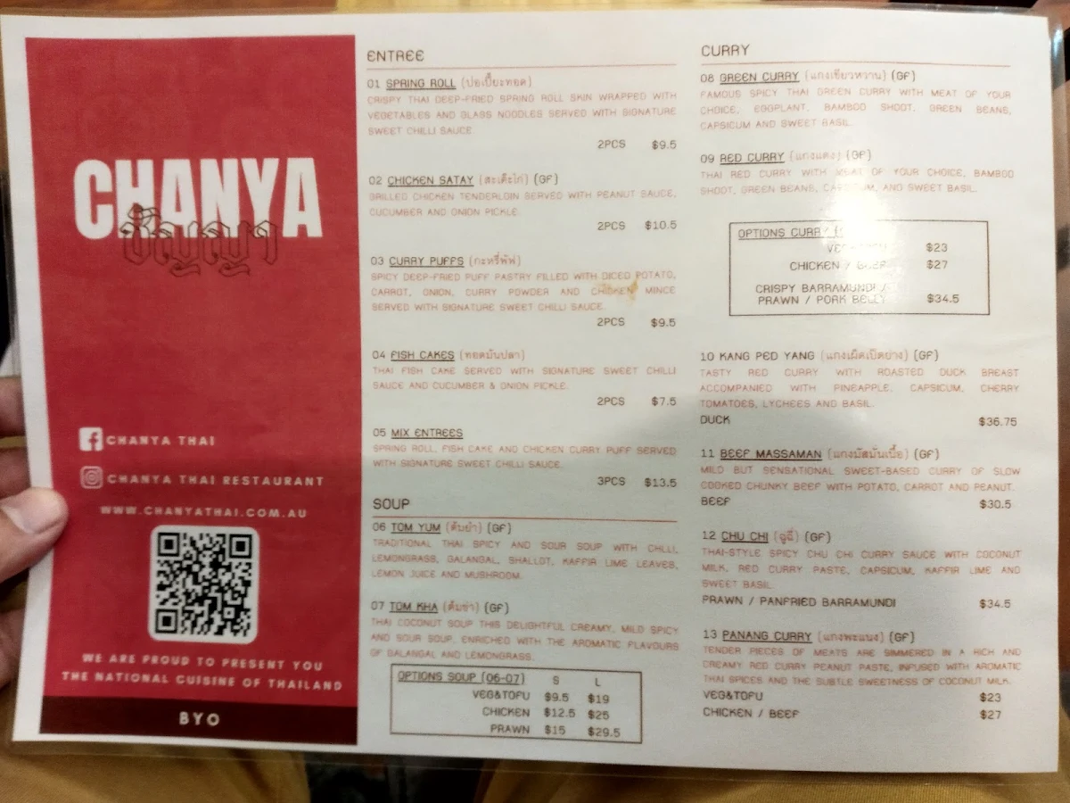 Menu, Chanya Thai