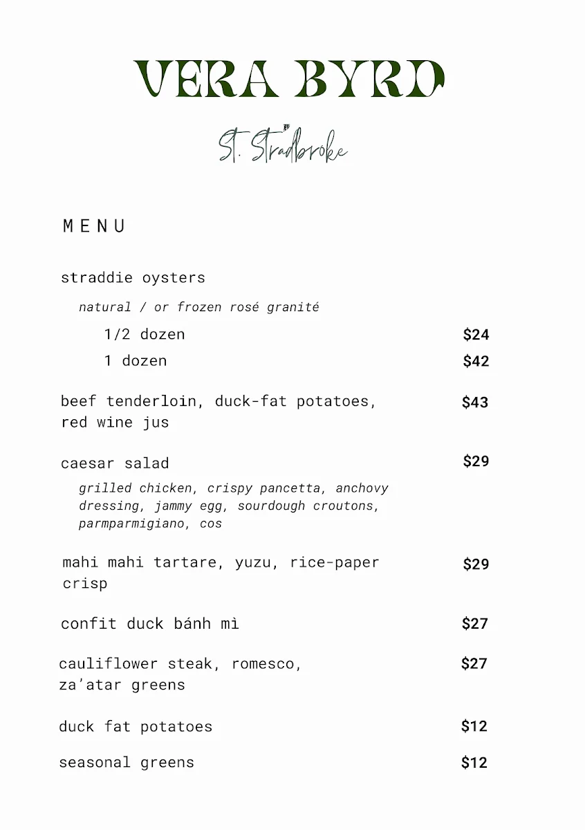 Menu, Vera Byrd Kitchen