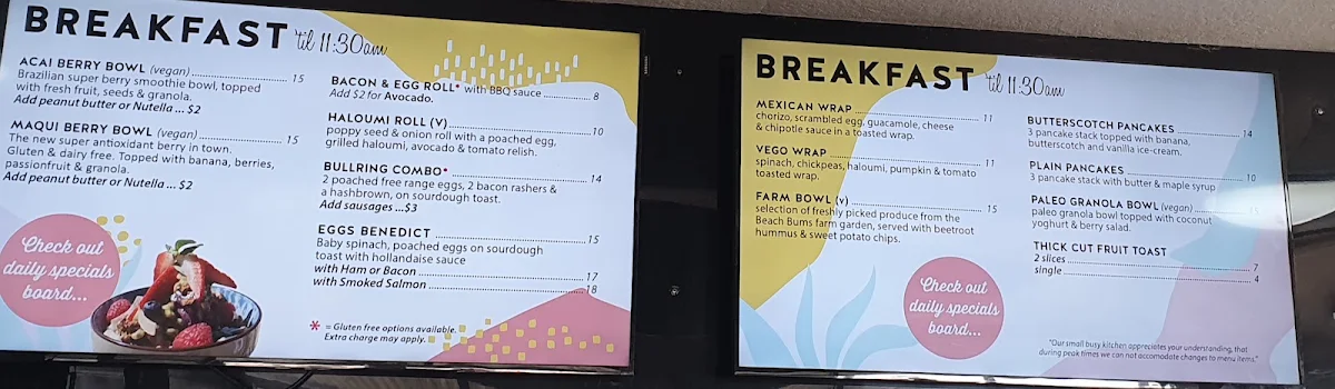 Menu, Beach Bums Cafe